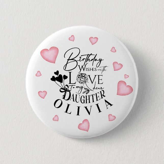 Badge Rond 5 Cm Birthday Calligraphy Custom Name Minimalist Hearts (Devant)
