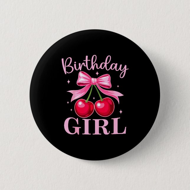 Badge Rond 5 Cm Birthday Girl Coquette Bow Cherry Birthday Girls W (Devant)
