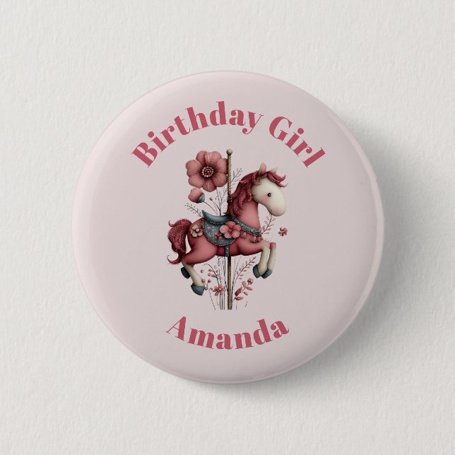 Badge Rond 5 Cm Birthday Girl Whimsical Carousel Horse Image (Devant)