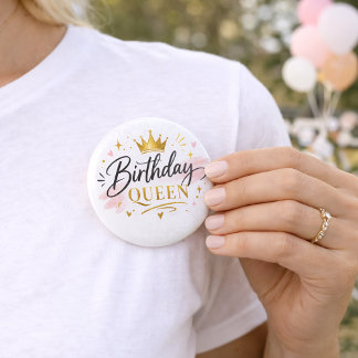 Badge Rond 5 Cm Birthday Queen Elegant Script with Gold Crown