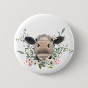 Badge Rond 5 Cm bisou de nez de vache fleurs aquarelle gris animal