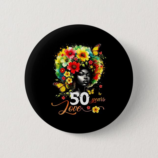 Badge Rond 5 Cm Black Afro Queen 50 Years Love 50th Birthday Butte (Devant)