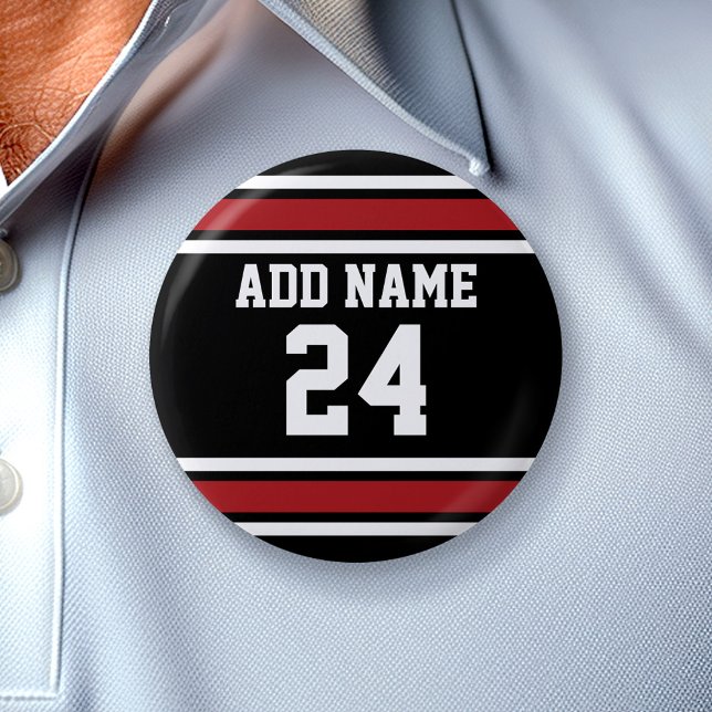 Badge Rond 5 Cm Black and Red Sports Jersey Nom personnalisé Numér (Custom Button - Sports Theme)