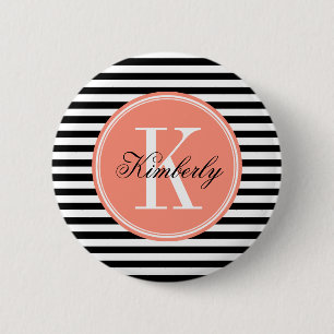 Badge Rond 5 Cm Black and White Stripes with Coral Monogram
