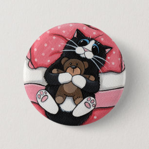 Badge Rond 5 Cm Black Cat and Teddy - Cat Art Button