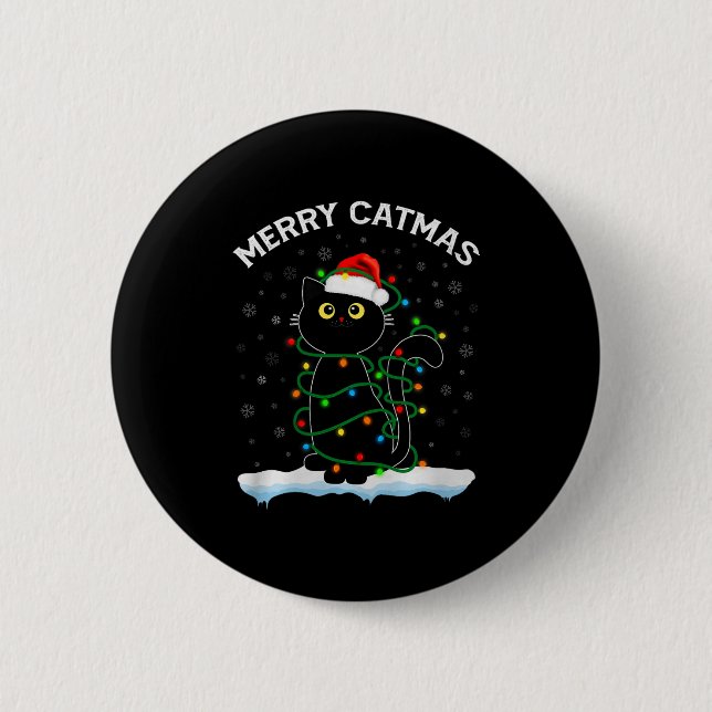 Badge Rond 5 Cm Black Cat Christmas Light Cat Wearing Santa Hat Me (Devant)
