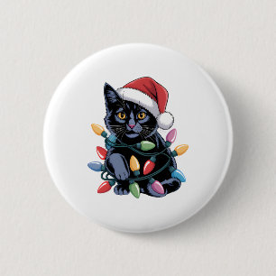 Badge Rond 5 Cm Black Cat lumières Noël Amoureux des chats amusant
