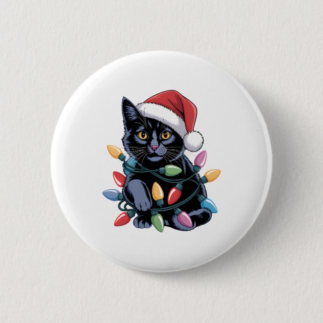 Badge Rond 5 Cm Black Cat lumières Noël Amoureux des chats amusant (Devant)