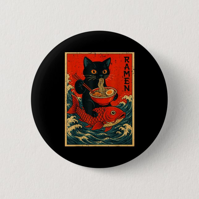 Badge Rond 5 Cm Black Cat Ramen Japanese Graphic Tees For Men Wome (Devant)