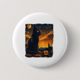 Badge Rond 5 Cm Black Cat Starry Nuit Van Gogh Citrouilles Bats Ha
