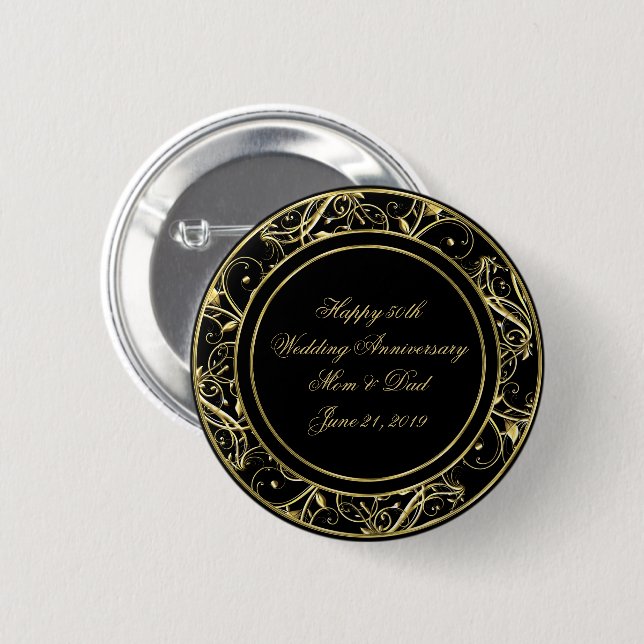 Badge Rond 5 Cm Black Gold Flourish 50e anniversaire Mariage (Devant & derrière)