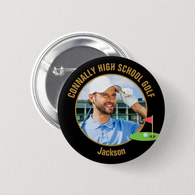 Badge Rond 5 Cm Black Gold Golfer Photo High School Golf Team (Devant & derrière)