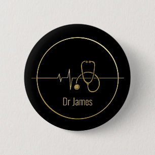 Badge Rond 5 Cm Black Gold Medical Stethoscope Heartbeat