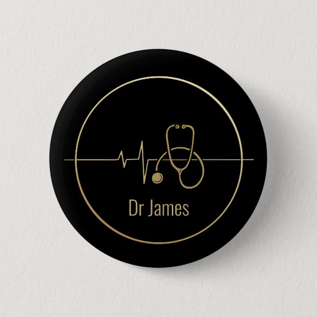 Badge Rond 5 Cm Black Gold Medical Stethoscope Heartbeat (Devant)