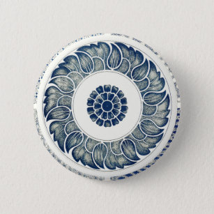 Badge Rond 5 Cm Blanc bleu Floral chinois rond
