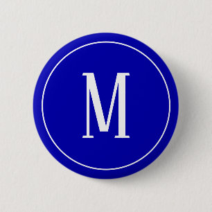 Badge Rond 5 Cm Blanc de monogramme sur le bouton rond de bleu