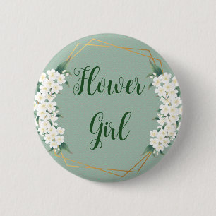 Badge Rond 5 Cm Blanc floral botanique sur Fleur verte fille