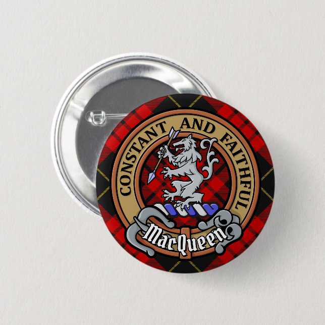 Badge Rond 5 Cm Blason du clan MacQueen sur tartan (Devant & derrière)