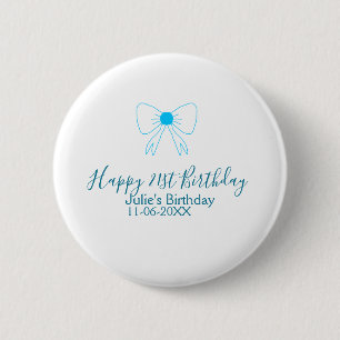 Badge Rond 5 Cm Bleu arc heureux 21e anniversaire nom date petite