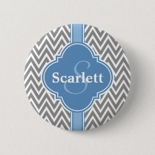 Badge Rond 5 Cm Bleu blanc gris Chevron Motif et Monogramme