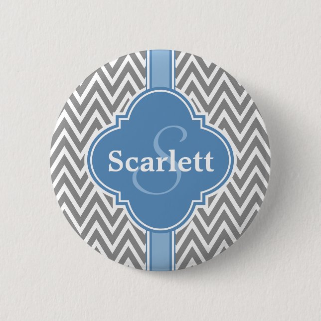 Badge Rond 5 Cm Bleu blanc gris Chevron Motif et Monogramme (Devant)