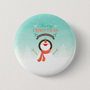 Badge Rond 5 Cm Bleu Blanc Noël Nouvel An Snowman Salutations