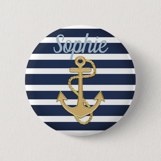Badge Rond 5 Cm Bleu et Ancre or Nautique (Devant)