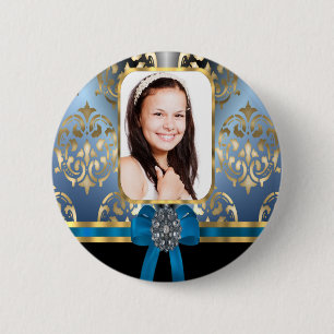 Badge Rond 5 Cm Bleu et or damassé