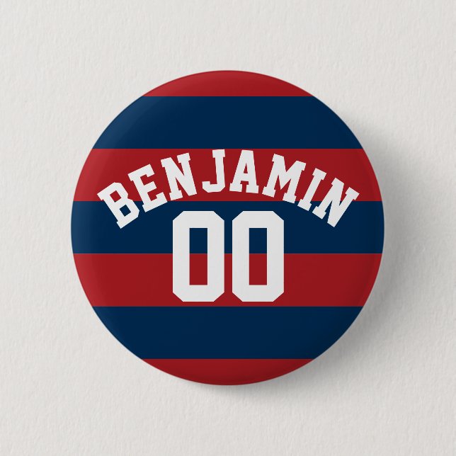 Badge Rond 5 Cm Bleu et rouge de la Marine Rugby Numéro de nom (Devant)