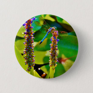 Badge Rond 5 Cm Bleu libellule et fleurs