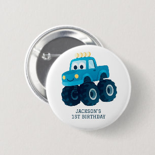 Badge Rond 5 Cm Bleu Monster Truck Smash et Crash Anniversaire