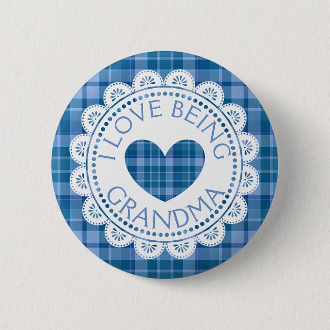 Badge Rond 5 Cm Bleu Plaid J'Aime Être Grand-Mère Bouton (Devant)