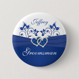 Badge Rond 5 Cm Bleu royal, Pin floral blanc de Groomsman