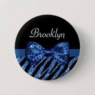 Badge Rond 5 Cm Bleu tendance Zèbre Imprimer FAUX Glitz Bow avec n