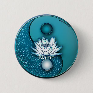 Badge Rond 5 Cm Bleu Yin Yang Lotus