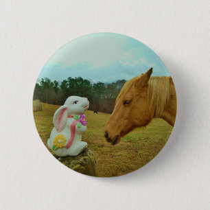 Badge Rond 5 Cm Blond Jaune cheval & Bunny de Pâques