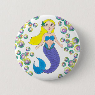 Badge Rond 5 Cm Blonde natation Sirène fille bulles Océan mer