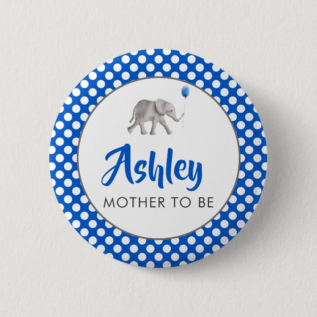 Badge Rond 5 Cm Blue Baby Elephant Nom du Baby shower Étiquette (Devant)