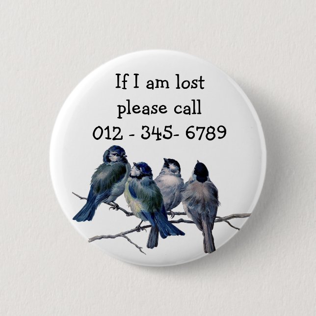 Badge Rond 5 Cm Blue birds, Child Emergency Contact (Devant)