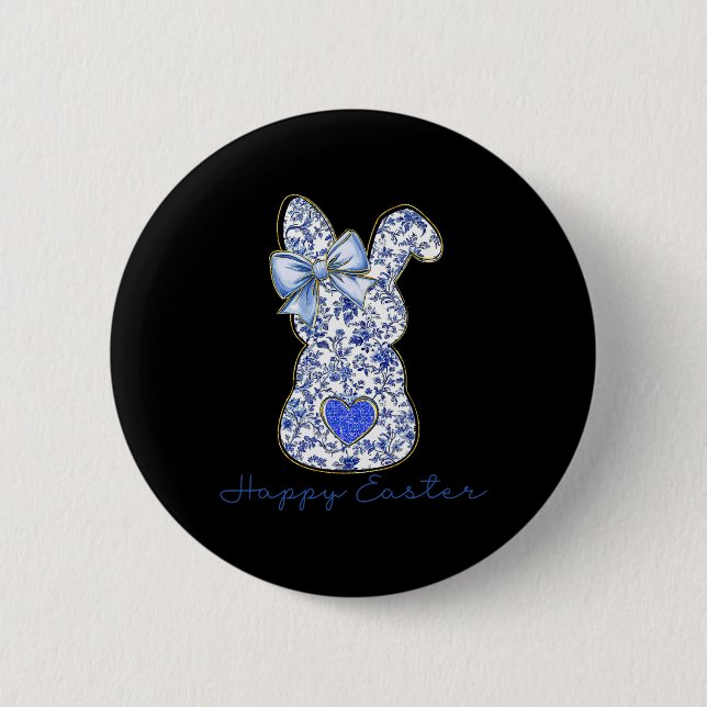 Badge Rond 5 Cm Blue Floral Toile Chinoiserie Bunny Easter For Gir (Devant)