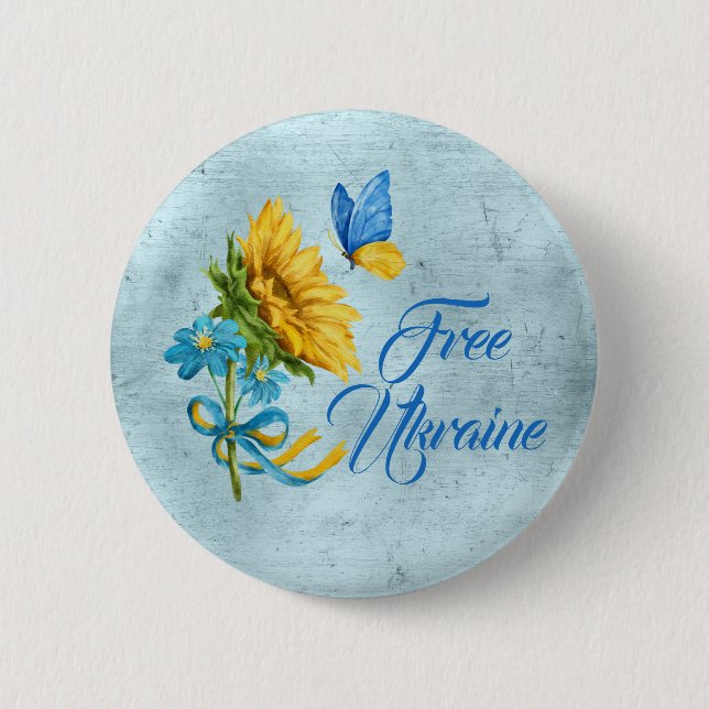 Badge Rond 5 Cm Blue Free Ukraine Tournesol & Papillon (Devant)