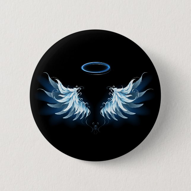 Badge Rond 5 Cm Blue Glowing Angel Wings on black background (Devant)