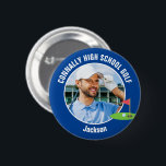 Badge Rond 5 Cm Blue Golfer Photo High School Golf Team<br><div class="desc">This cool customized high school golf team photo gift features white typography of your golfer name on a blue button with a cute golfing icon. Personalize with your student's photograph and class year as a proud sports parent. A mom and dad can wear these buttons to sports games.</div>