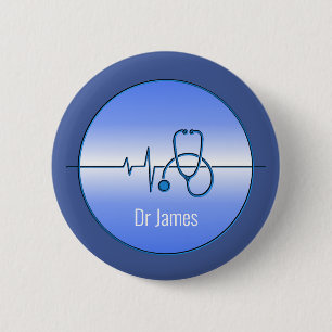 Badge Rond 5 Cm Blue Grey Medical Stethoscope Heartbeat