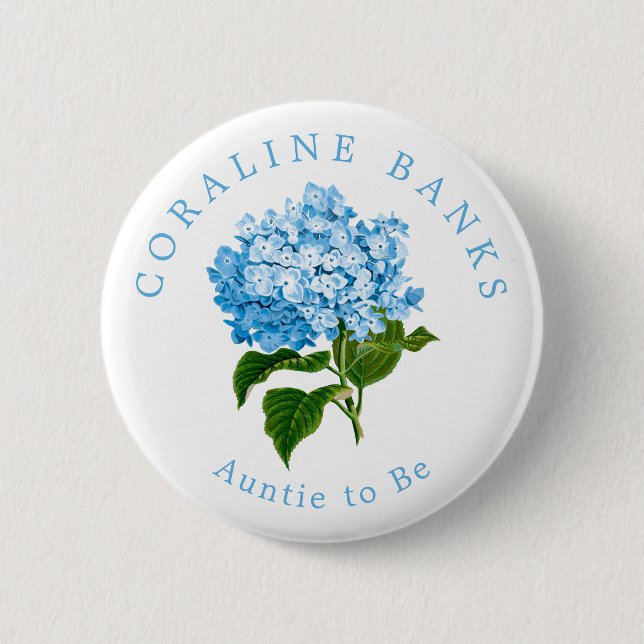 Badge Rond 5 Cm Blue Hydrangea Auntie to Be Baby shower (Devant)