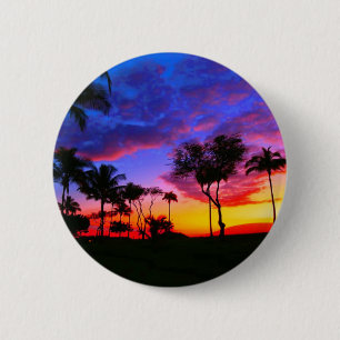 Badge Rond 5 Cm Blue Red Sunset Exotic Hawaiian Beach Palm Trees