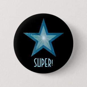 Badge Rond 5 Cm Blue Star 'SUPER!' button black