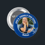 Badge Rond 5 Cm Blue Tennis Player Photo High School Spirit<br><div class="desc">This cool customized high school tennis player photo gift features white typography of your team and player name on a blue button with a cute tennis ball and rackets icon. Personalize with your student's photograph and class year as a proud sports parent. A mom and dad can wear these buttons...</div>
