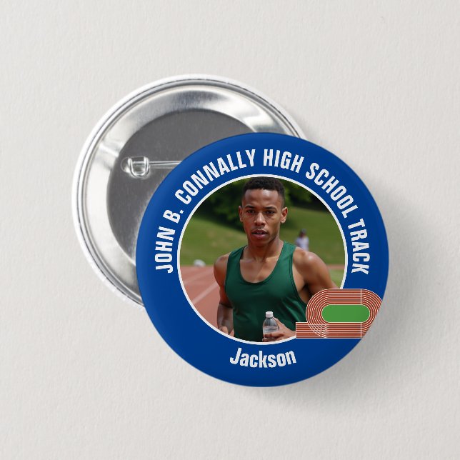 Badge Rond 5 Cm Blue Track & Field Photo High School Athlete (Devant & derrière)