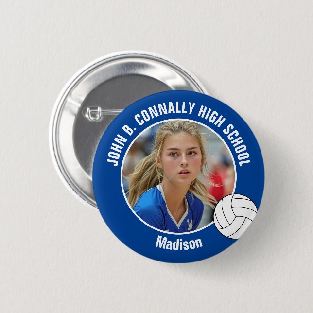 Badge Rond 5 Cm Blue Volleyball Player Photo High School Spirit (Devant & derrière)